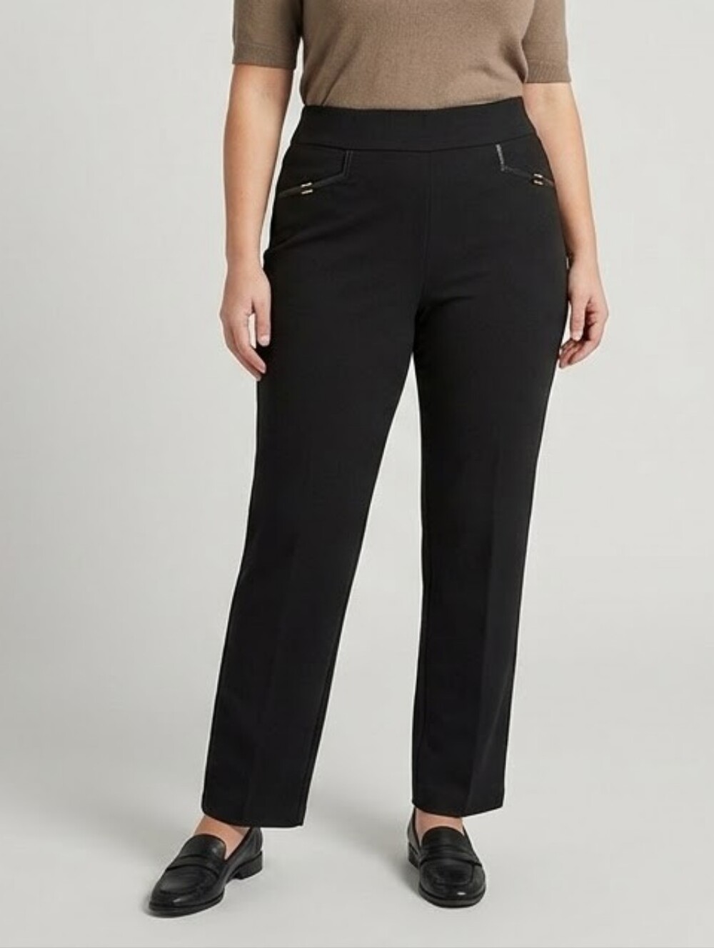 Reitmans Emotions Petites Black Dress Pants  Faux Leather & Gold Detail Size 15